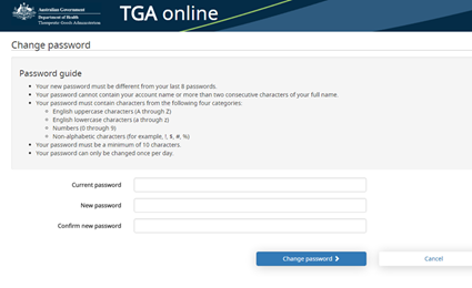 Screenshot of the 'Change password' page with instructions on how to create a new password