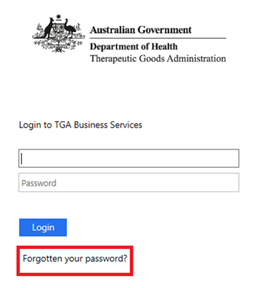 Screenshot of the TGA Business Services login page highlighting 'Forgotten your password?'button
