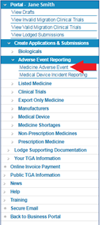 Screenshot highlighting how to create applications and submissions for a Medicine Adverse Event
