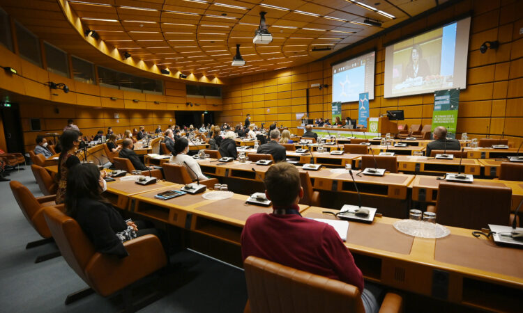 UNODC Executive Director Ghada Waly delivers remarks at the launch of the UNODC Synthetic Drug Strategy, Vienna, Austria, November 19, 2021. (USUNVIE/Colin Peters)