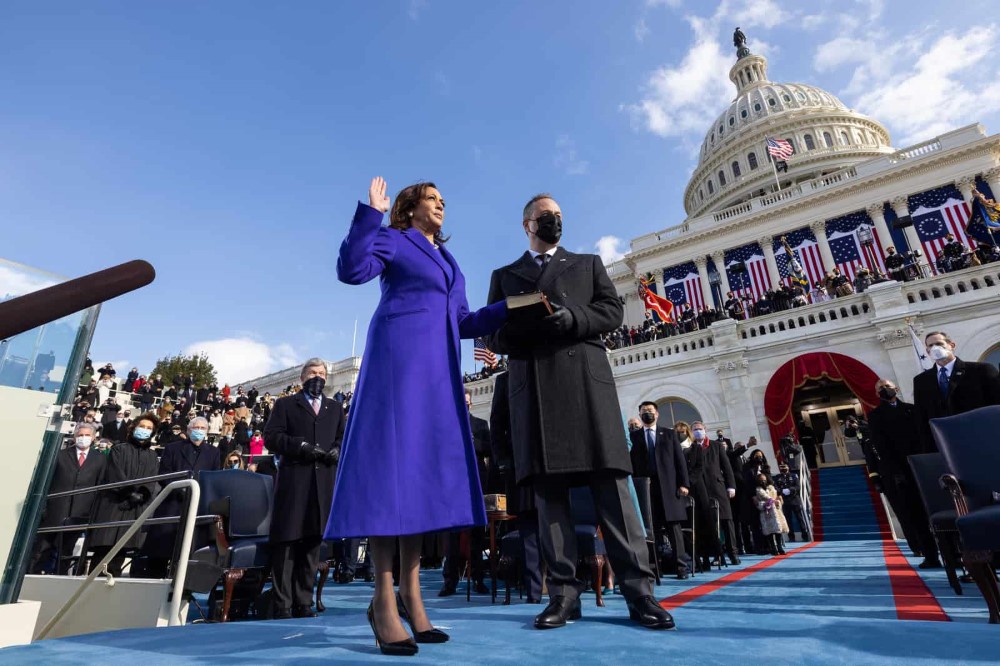 Vice President Kamala Harris, joined by her husband Mr. Doug Emhoff, takes the oath of office as Vice President of the United States Wednesday, Jan. 20, 2021, during the 59th Presidential Inauguration at the U.S. Capitol in Washington, D.C.
