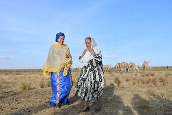 Deputy Secretary-General Amina Mohammed (left) was accompanied by President Sahle-Work Zewde of Ethiopia on her visit to drought-stricken communities in the Somali Regional State.