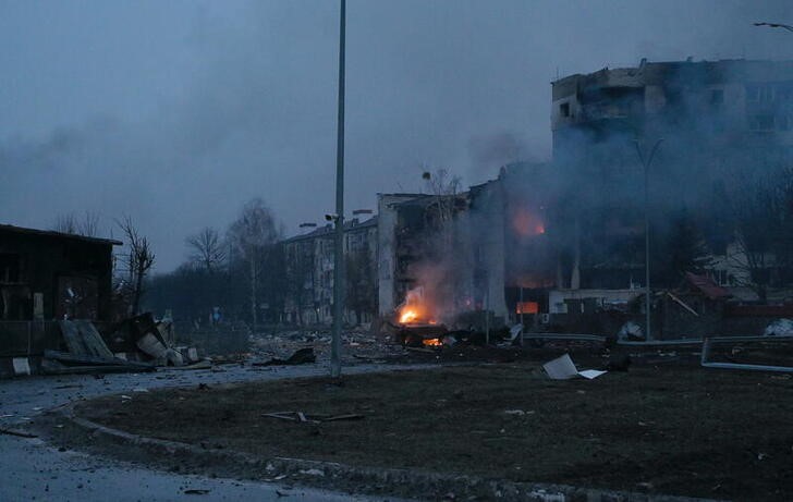 A view shows damaged buildings following recent shelling in Borodyanka