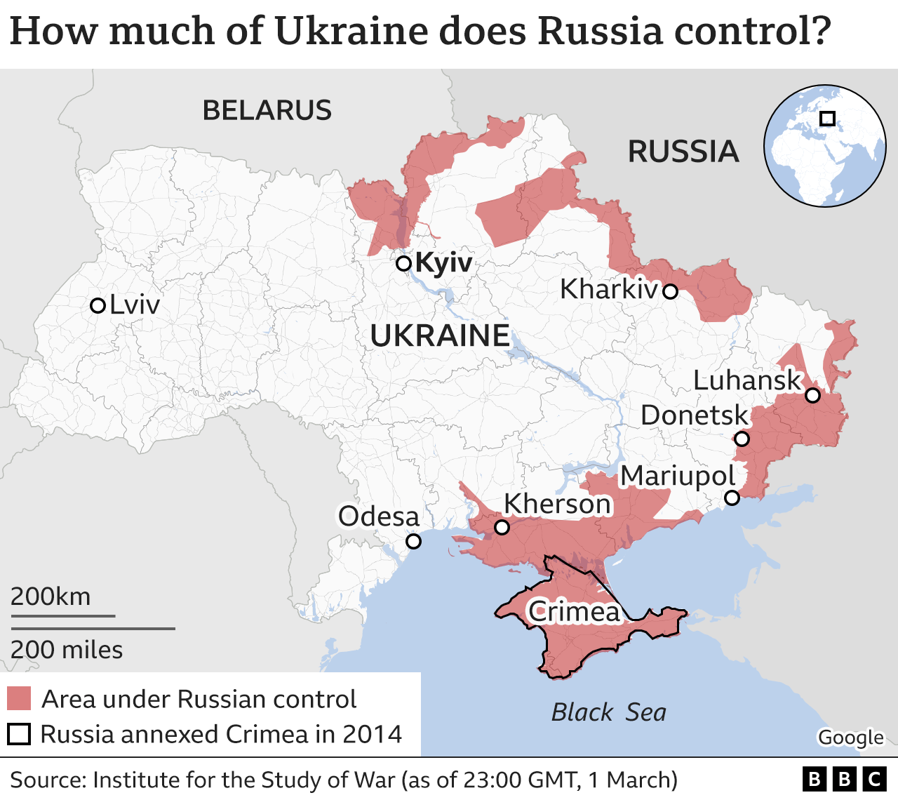 Graphic showing areas of Ukraine under Russian control, March 1