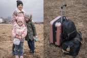 On Sunday morning, Olga’s family left Zaporizhzhia, their hometown on the Dnieper River in southeastern Ukraine. With her two children, Divia, 5, and Damir, 8, her parents and her brother, she travelled more than 900km (559 miles) by car to reach the border. There, the party of six became a party of four, when the men - her brother and father - were not allowed to cross as Ukraine had banned male citizens aged 18 to 60 from leaving the country. A Romanian friend helped Olga rent a flat in the city of Suceava, 43km (27 miles) from the border, but her plan is to travel on to Germany, where her sister is living, next week. “I want to go back, because there is my home, my dad, my everything,&#34; says Olga, who worked as a travel agent. “It’s crazy, one man can’t just come and destroy everything. It’s like a horror movie, really. One morning you wake up and the world changed.&#34; Then, as she watches her children sitting quietly next to their belongings, she adds that the most important thing is that her kids are alive. [Ioana Moldovan/Al Jazeera]