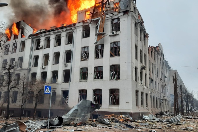 A view shows the area near National University after shelling in Kharkiv, Ukraine, in this handout picture released March 2, 2022. Press service of the Ukrainian State Emergency Service/Handout via REUTERS ATTENTION EDITORS - THIS IMAGE HAS BEEN SUPPLIED BY A THIRD PARTY.