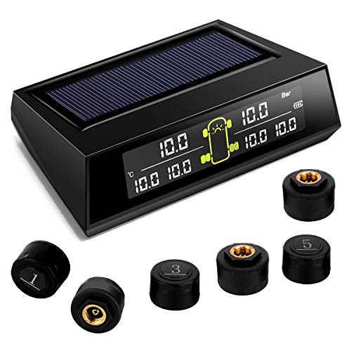Tire Pressure Monitoring System,Blueskysea TS200 Solar Wireless TPMS with 6 Tire External Sensors Digital LCD Display RV Auto Security Alarm for Car RV Trailer Truck Tow Motorhome