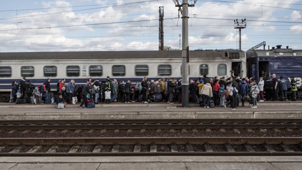 Civilians gather at the train station to be evacuated from combat zones in Kramatorsk, Donetsk Oblast, in eastern Ukraine on April 6, 2022.