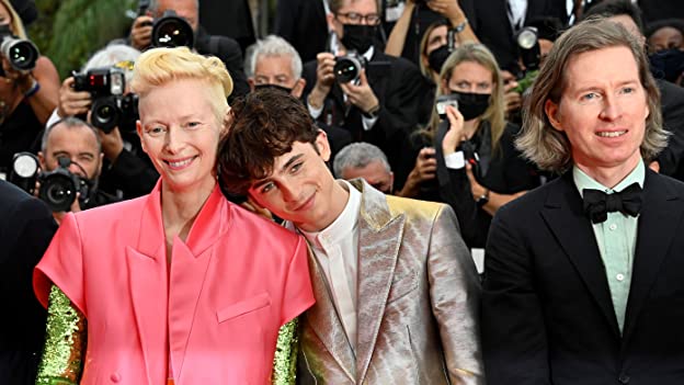 Wes Anderson, Tilda Swinton, and Timothée Chalamet at an event for The French Dispatch (2021)