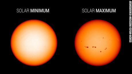 Visible light images from NASA&#39;s Solar Dynamics Observatory highlight the appearance of the Sun at solar minimum (left, Dec. 2019) versus solar maximum (right, July 2014). During solar minimum, the Sun is often spotless. Sunspots are associated with solar activity, and are used to track solar cycle progress. 