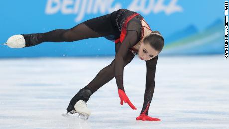 BEIJING, CHINA - FEBRUARY 17: Kamila Valieva of Team ROC falls during the Women Single Skating Free Skating on day thirteen of the Beijing 2022 Winter Olympic Games at Capital Indoor Stadium on February 17, 2022 in Beijing, China. (Photo by Catherine Ivill/Getty Images)