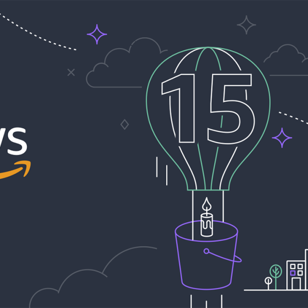 An illustration of a hot air balloon with "15" on it, and an AWS logo to the left. 
