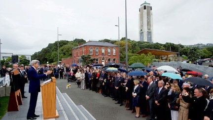 Secretary Kerry, joined by U.S. Ambassador to New Zealand Mark Gilbert, and his wife, Nancy, delivers remarks at a dedication ceremony for the site of a new American memorial at the Pukeahu National War Memorial Park at Anzac Square in Wellington, New Zealand, on November 13, 2016.