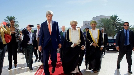 Omani Foreign Minister Yusuf bin Alawi Escorts Secretary Kerry as he Arrives at the Ministry of Foreign Affairs in Muscat