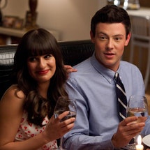 GLEE: Rachel (Lea Michele, L) and Finn (Cory Monteith, R) have dinner with her dads in the "Heart" e...