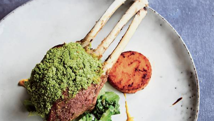 Herb-crusted rack of lamb with sweet potato