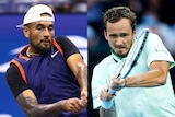 A composite image of Nick Kyrgios and Daniil Medvedev playing tennis.