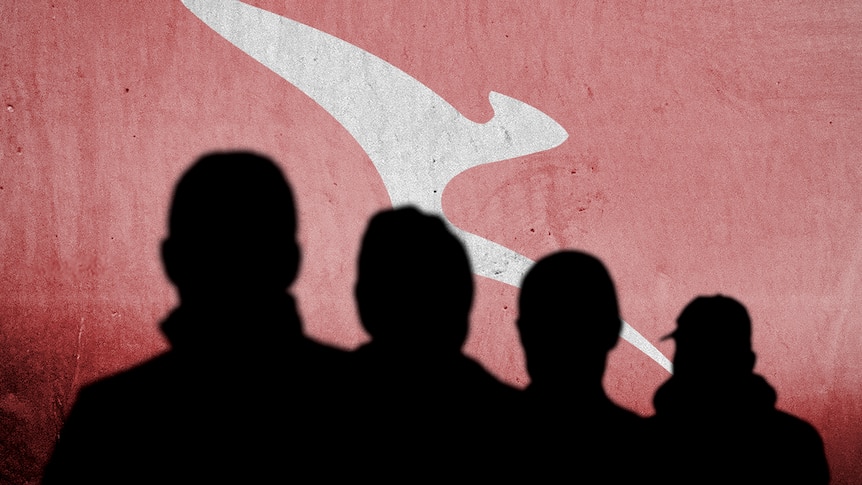The silhouettes of four people. Behind them is a textured background with a red and white Qantas kangaroo logo.
