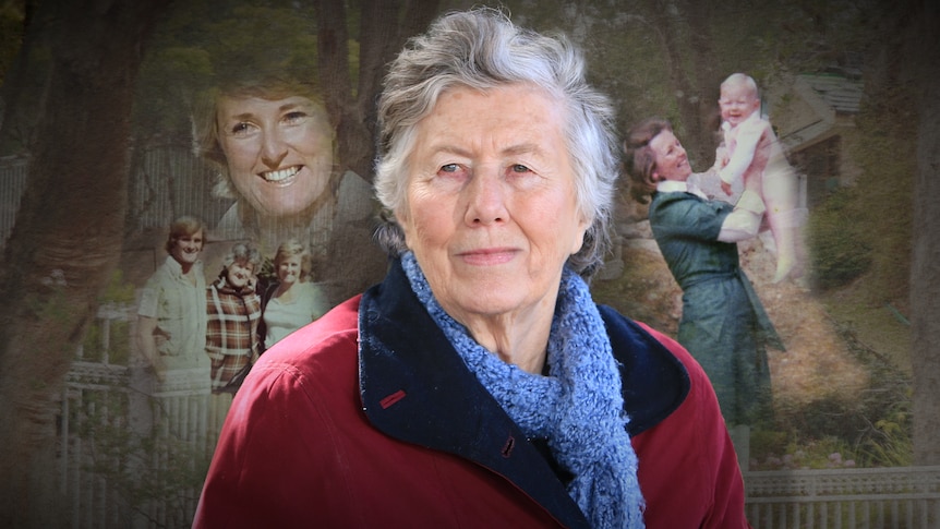 An elderly woman portrait with a montage of photos of lyn dawson behind her