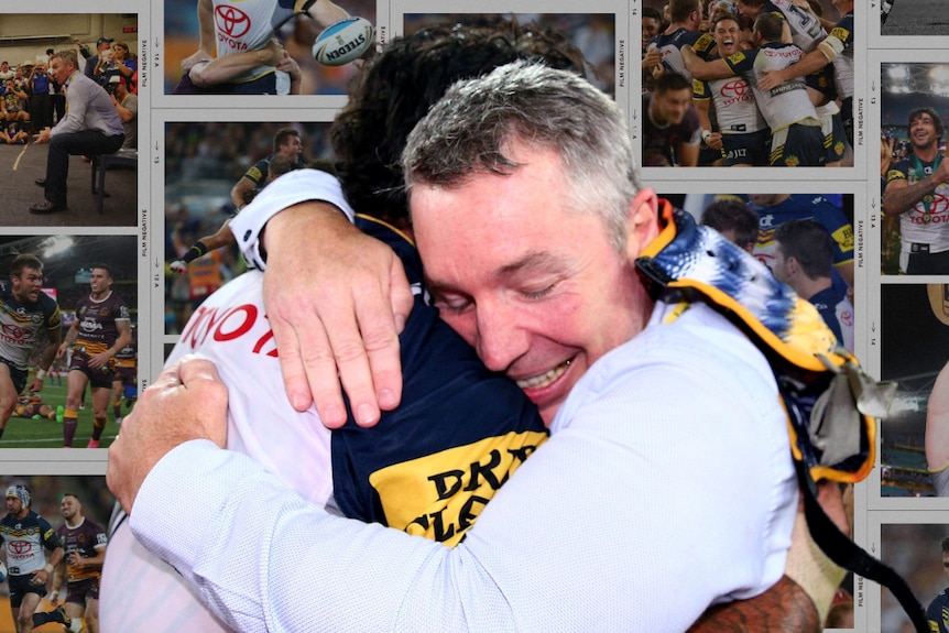 A picture of a man hugging another man, overlaid on top of several photos from the game.