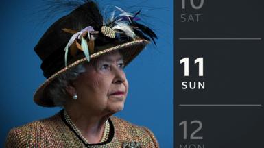 The Queen, next to a calendar showing today's date