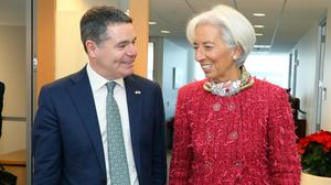 Finance Minister Paschal Donohoe with ECB president Christine Lagarde, who said this week that the economic outlook &ldquo;is darkening&rdquo;. Photo: Marty Katz