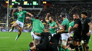 Ireland players celebrate after a try against New Zealand. Photo by Brendan Moran/Sportsfile
