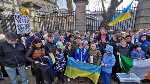 Ukrainians gathered outside Leinster House earlier this year including children from St Joseph's school in Fairview, Dublin. Photo: Collins