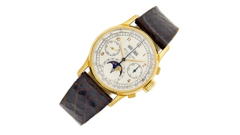 A front on view of the Patek Philippe Ref. 1518 Gentleman's Gold 'Perpetual Calendar Moonphase' Chronograph