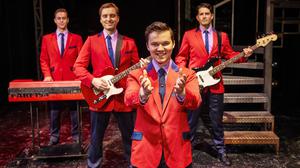 From left, Blair Gibson, Dalton Wood, Ryan Heenan and Christopher Short in Jersey Boys. Photo by Birgit and Ralf Brinkhoff