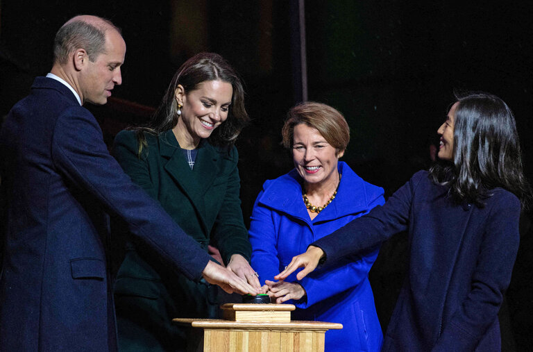 Prince William and Princess Catherine of Wales, Gov.-elect Maura Healey and Mayor Michelle Wu pressed a button to light City Hall green for the Welcome to Earthshot ceremony in Boston.