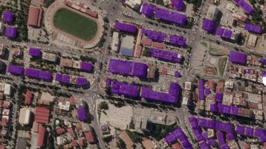 Satellite image showing which buildings near the stadium have been destroyed