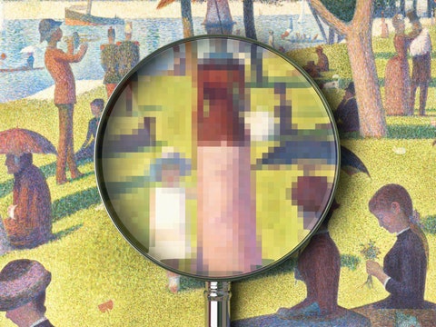 An illustration of a magnifying glass on top of a painting, which is revealing pixels.