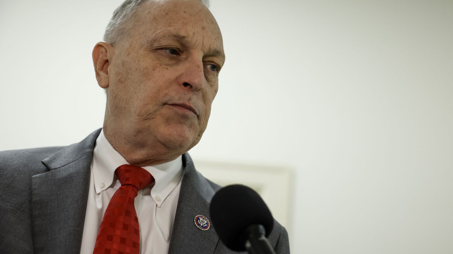 US Representative Andy Biggs spoke to reporters outside of a House Oversight and Reform Committee hearing in Washington, D.C. on Feb. 1. The committee held the hearing to discuss COVID pandemic federal spending.