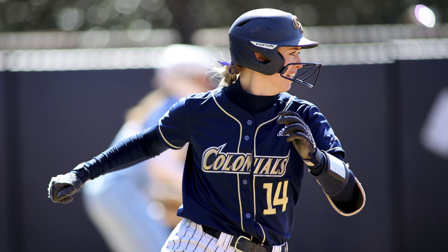 George Washington University catcher Abby Schaub during an NCAA softball game March 19. George Washington University will soon choose a new nickname for its athletic teams, dropping “Colonials.”