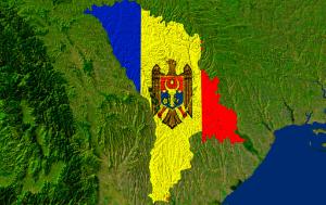 Satellite image of Moldova with the country's flag covering it