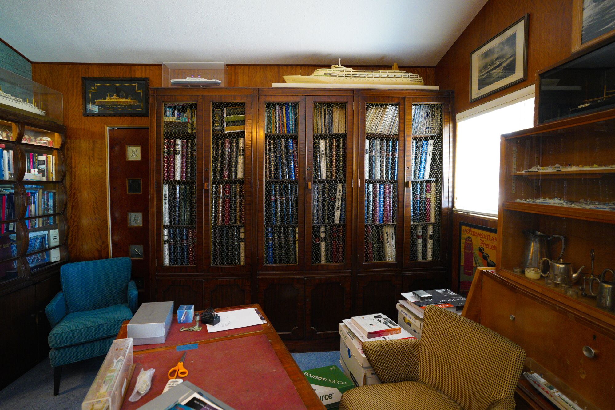 Library cabinets from two British liners, the Cunard liner Ivernia of 1955 and the RMS Transvaal Castle of 1961.