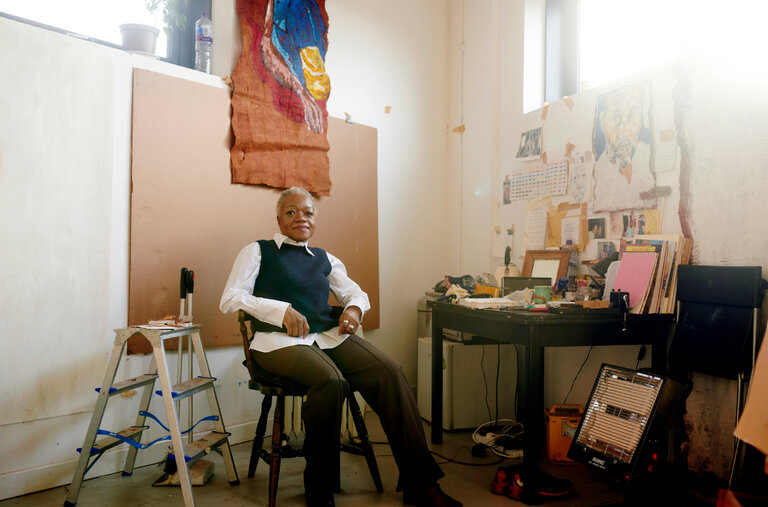 The British artist Claudette Johnson in her studio in Hackney, East London.