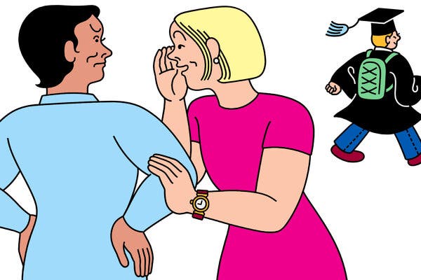An illustration showing a person cheerfully whispering something to another person, who is reacting with consternation. In the background a figure is walking away wearing a college cap and gown and a backpack.