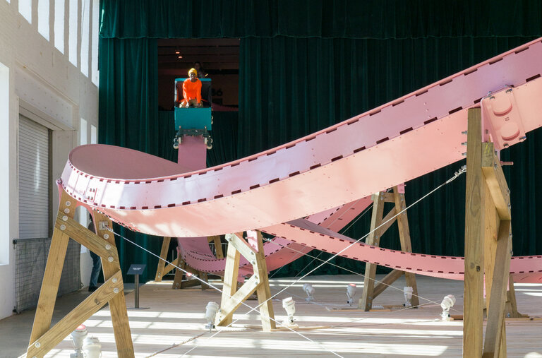 EJ Hill’s “Brava!” (2022), a ridable steel roller coaster that the artist installed at Mass MoCA in North Adams, Mass.