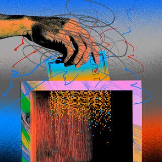 An illustration of a hand feeding a ballot into a stylized shredder, which transforms it into dispersed pixels.