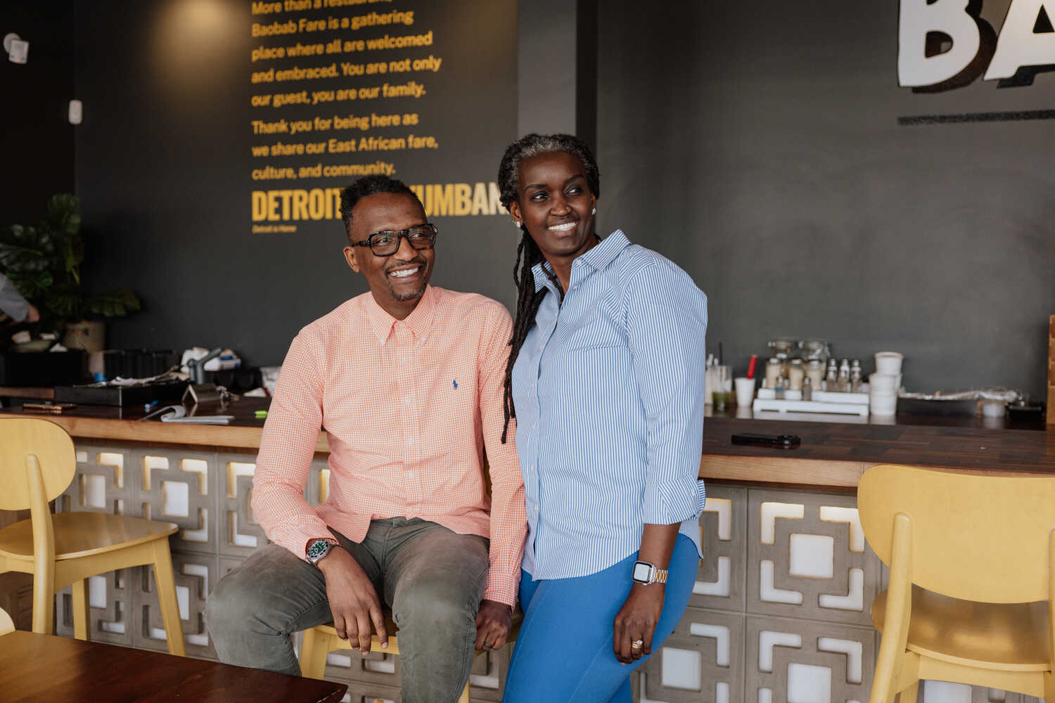 Hamissi Mamba, left, and his wife, Nadia Nijimbere, refugees from Burundi, opened their Detroit restaurant, Baobab Fare, in February 2021. They wondered if anyone would come. 