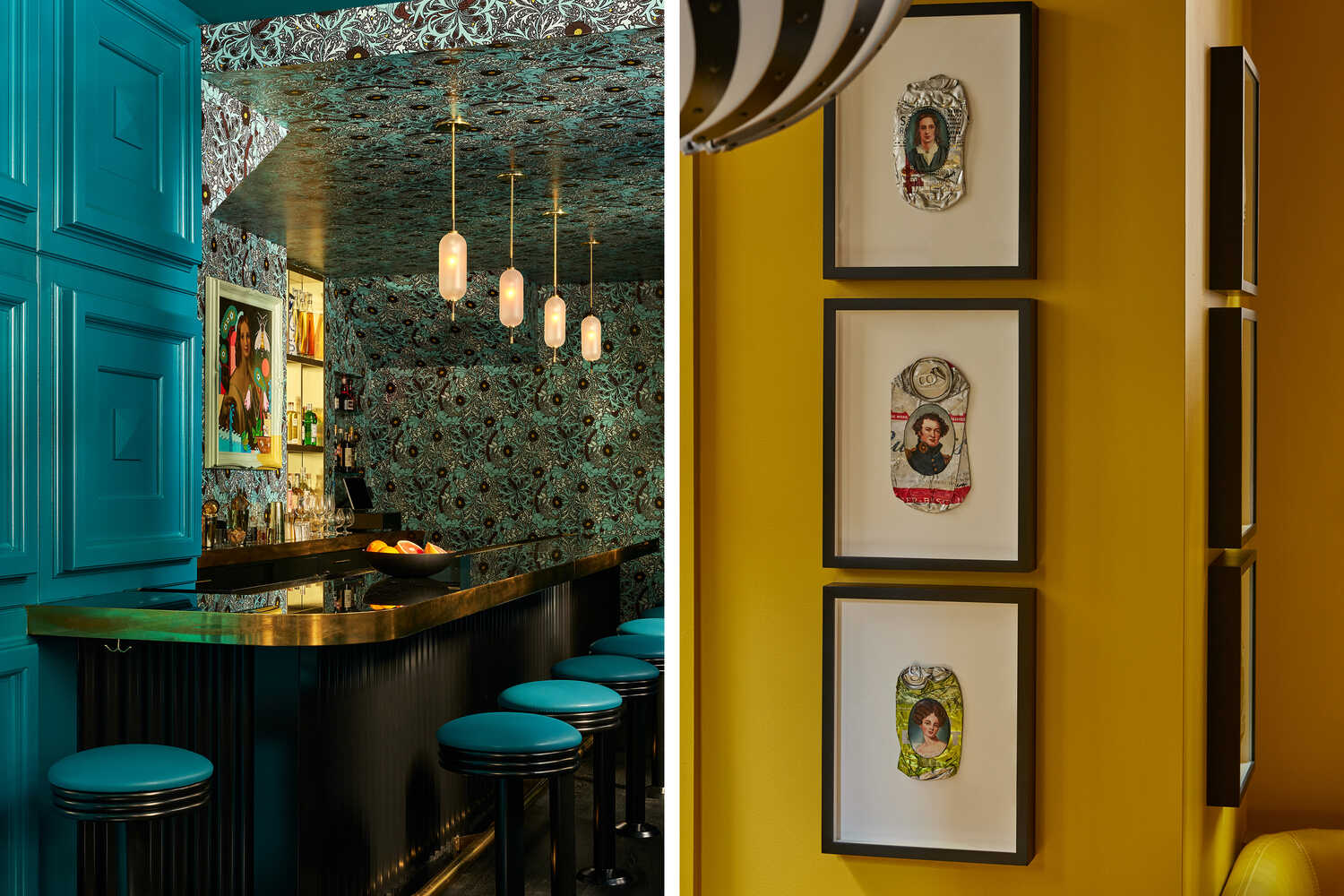 Left: peacock blue bar stools and a custom-print wallpaper accentuate the bar, which features the painting “Andra Hem Portrait” (2022) by Mark Mulroney. Right: a close-up of the Kim Alsbrooks series “My White Trash Family” (2015-2019), which are oil on crushed aluminum beer cans on the second floor of the lounge.