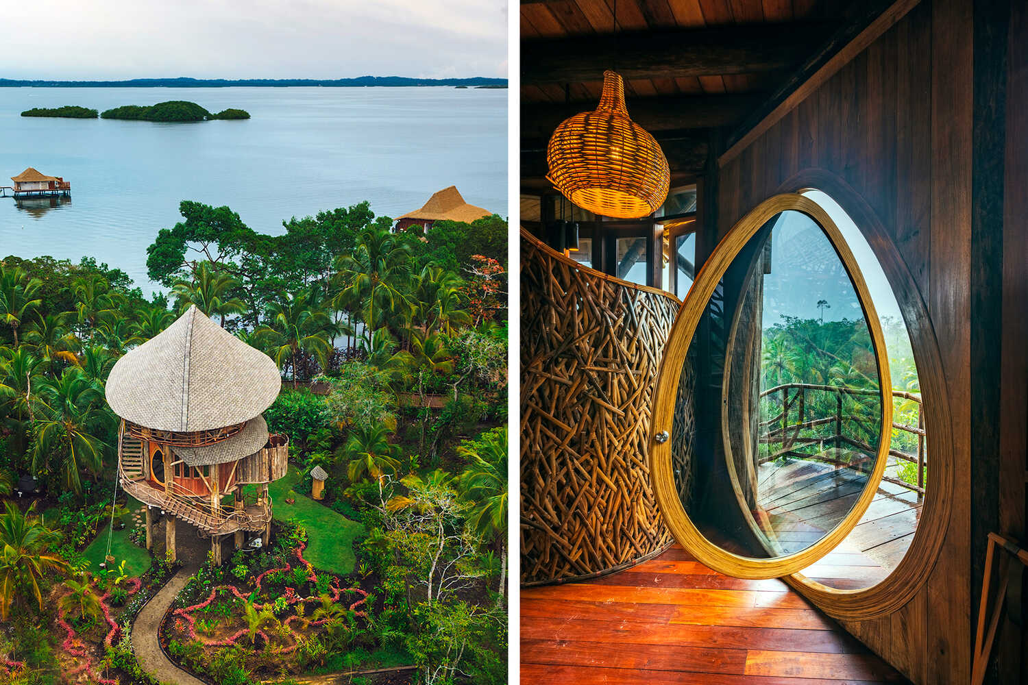 Left: At Nayara Bocas del Toro resort, located on an island off Panama’s Caribbean coast, guests can choose between staying in a treehouse or an overwater villa. Right: An egg-shaped door leads into the treehouse’s enclosed bedroom.