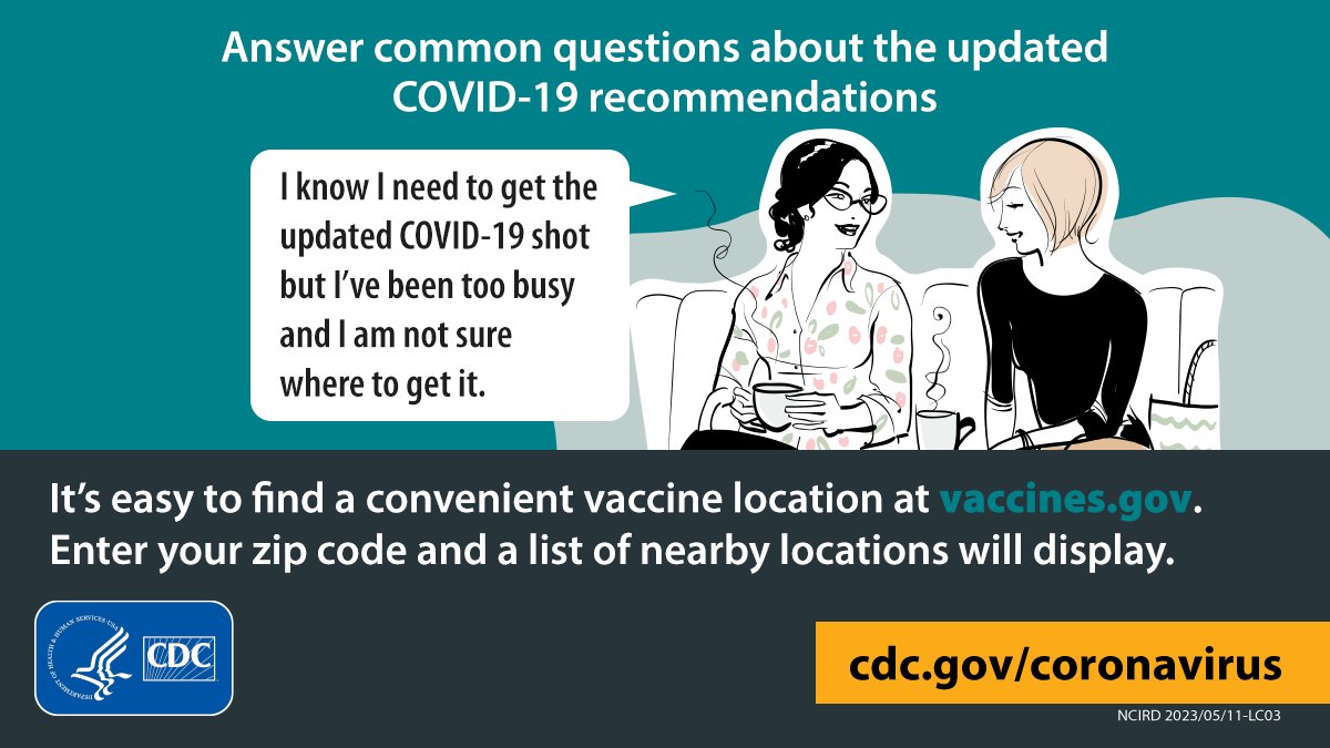 Header says, Answer Common Questions about the Updated COVID-19 recommendations. Illustration of two people are talking. Above one is a word bubble that says, I know I need the updated COVID shot but I’ve been too busy and I am not sure where to get it. Text overlay at the bottom says, It's easy to find a convenient vaccine location at vaccines.gov. Enter your zip code and a list of nearby locations will display. cdc.gov/coronavirus. Graphic is branded with CDC and HHS logos.