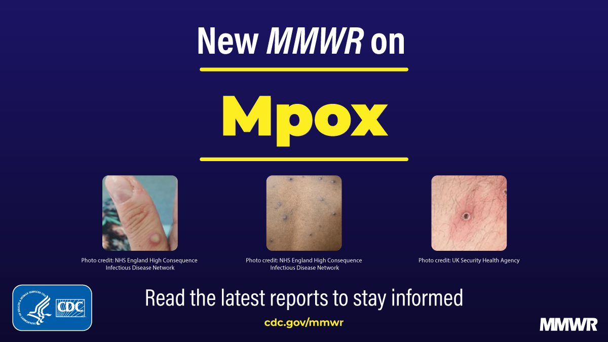 Stages of mpox sores on a blue background with the text, “New MMWR on Mpox.”