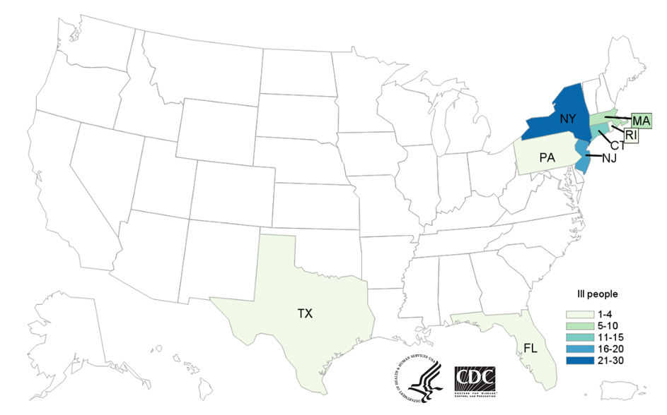 Map of United States - People infected with the outbreak strain of Salmonella, by state of residence, as of July 5, 2019