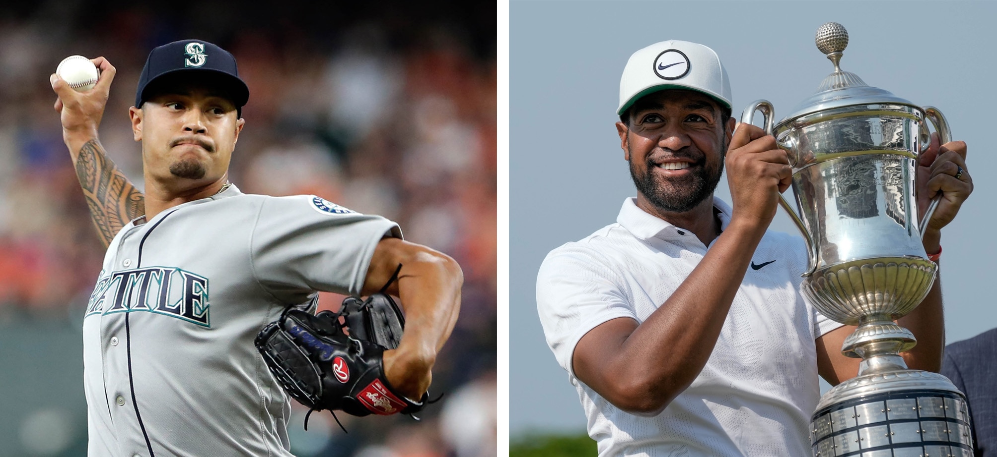 Foto à esquerda: Sam Tuivailala jogando beisebol (© Moises Castillo/AP). Foto à direita: Tony Finau segurando um troféu (© Moises Castillo/AP)