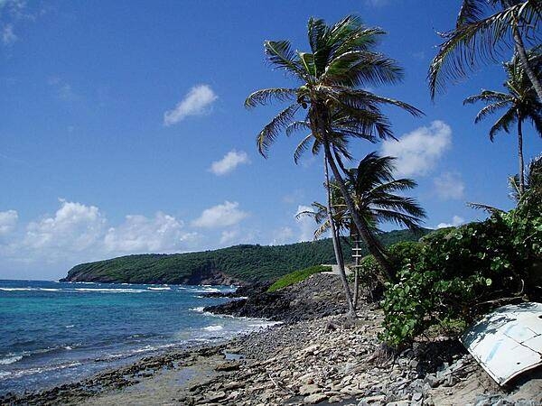 The beach of Bequia, one of the larger islands of the Grenadines of St. Vincent. The object at the lower right is space junk, a piece of a European rocket booster that washed up on the beach.