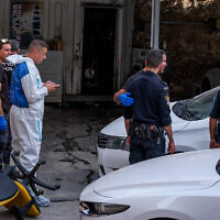 Police at the scene where five people were shot dead in the town of Yafa an-Naseriyye, June 8, 2023. (Fadi Amun/Flash90)